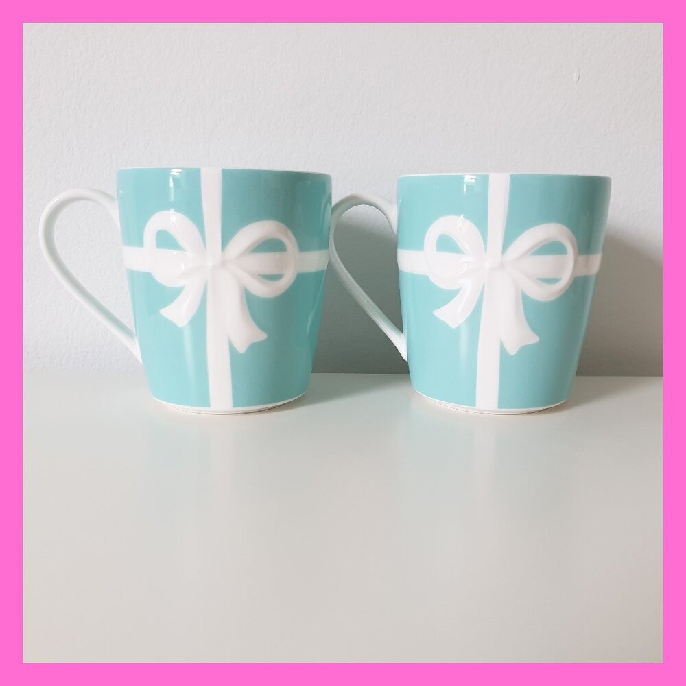 Tiffany & Co. Mug with Ribbon Embossed Bow Blue Robbin's Egg Set 2 Cups No Box